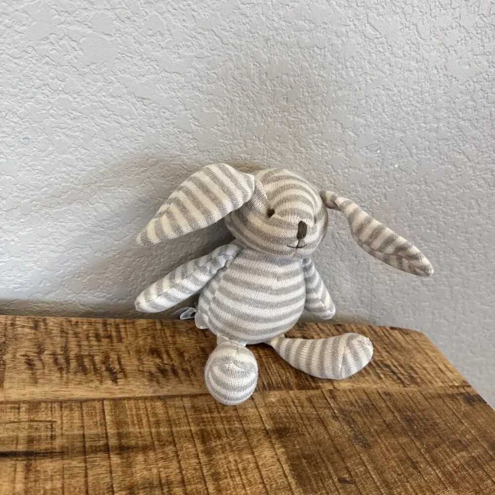 Elegant Baby Grey Striped Bunny Plush Rattle Baby Toy Lovey Knit